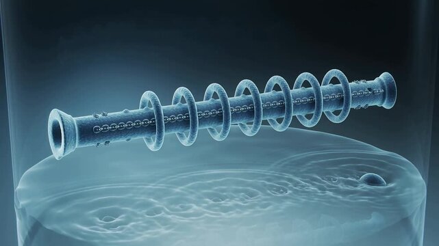 Tilting helical cylinder causing filaments to extend toward fluid surface in vessel