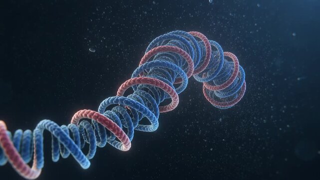 Rotating capsid shell destabilizing and ejecting red-blue helix in dark field, releasing genome