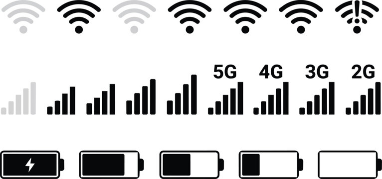 Wireless signal strength and battery status vector icons set on transparent background