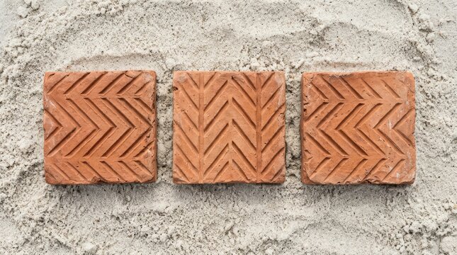 Three textured clay bricks arranged flat on rough surface with minimalist flat arrangement laid