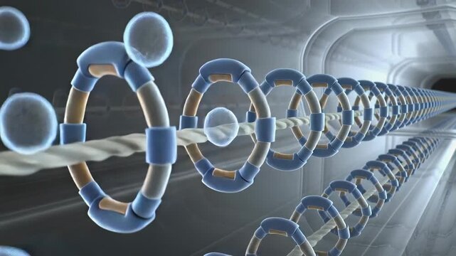 Moving camera forward showing twisted rope and bubbles along blue clamps in chamber, showing depth