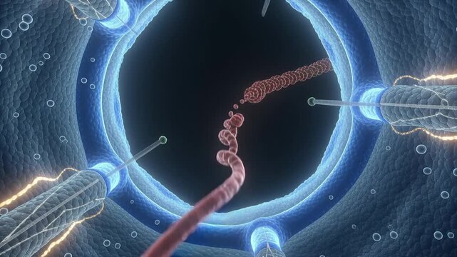Rotating helical filament threading through microscopic pore, triggered by glowing rod complexes