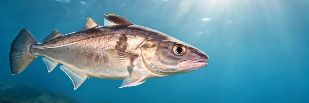 Cod fish swimming underwater in clear cold ocean, seafood website banner with copy space