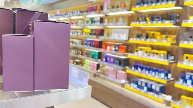 Perfume and Eau de Toilette Bottles on Display in Cosmetics Store &ndash; Fragrance Products on Shelf with Blurred Perfume Background