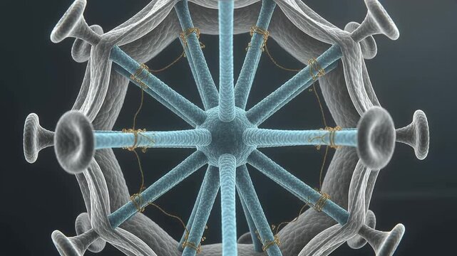 Retracting outer shell textured sphere revealing blue spokes and emitting gold threads in dark rim