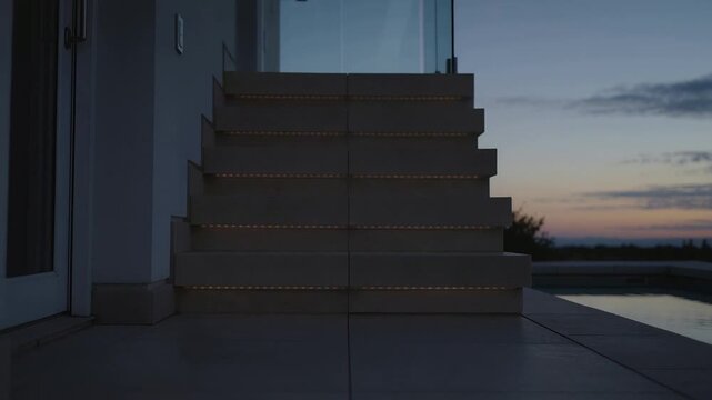 Glowing stairs showing LED risers home terrace at dusk, glass door, pool mirroring as sky darkening