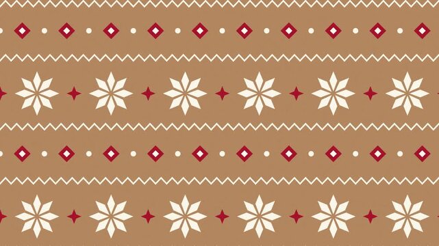 Nordic stars and red diamond bands scrolling over brown kraft paper, Scandinavian Christmas pattern loop