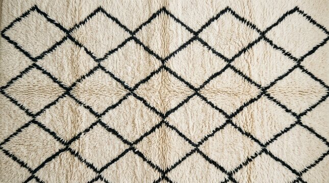 Close up view of woven geometric diamond pattern rug on light colored fabric surface with decorative