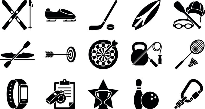 Sports Icons Set with Various Activities and Equipment, Including Badminton