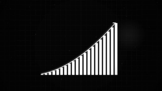 Minimalist bar chart with rising arrow on dark grid background representing exponential growth and financial success, for corporate presentations, stock market analysis, and economic reports.