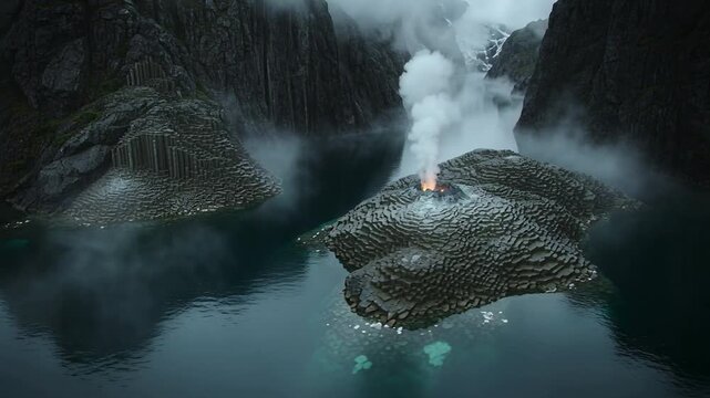 Glowing vent intensifying, right basalt islet emitting tall white smoke plume in narrow fjord