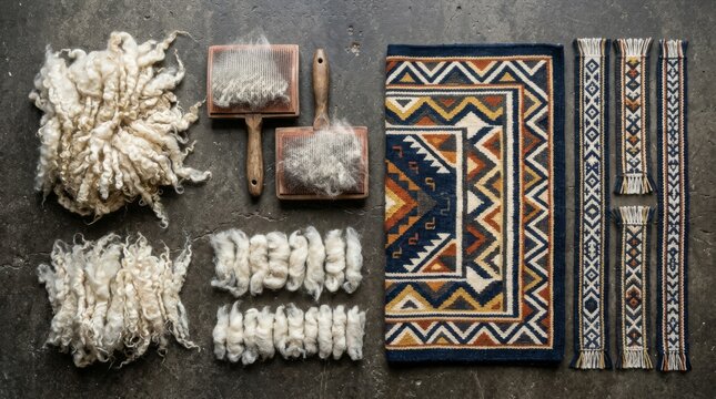 Raw wool preparation and weaving tools with finished patterned textile on dark surface with handmade