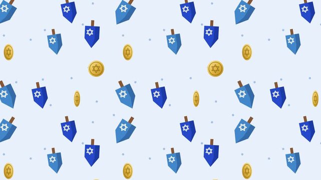 Blue dreidels and gold gelt coins drifting across a pale Hanukkah pattern for children, loop