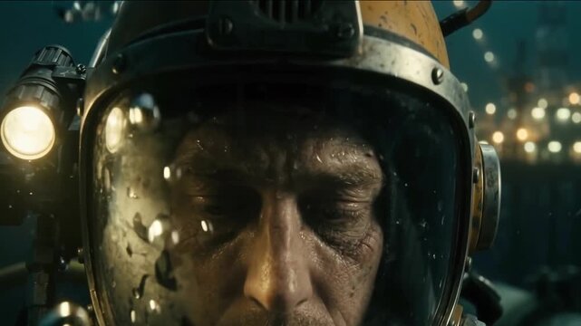 Deep Sea Commercial Diver in Vintage Helmet Looking at Underwater Industrial Rig with Bubbles