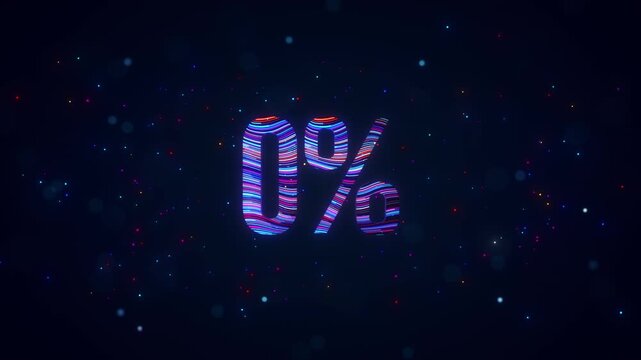 3D animation of futuristic Zero Percent typography featuring rotating colorful blue and purple flowing lines, glowing particles, luminous bokeh, and vibrant digital energy against dark background.