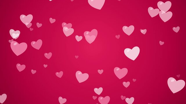 Soft pink hearts floating upward out of focus on deep red, heart pattern loop with copy space