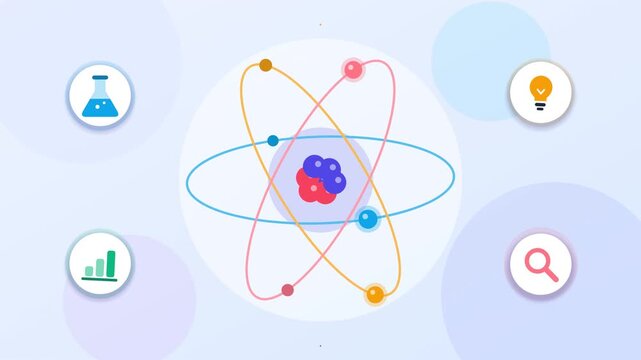 Animated atom model with orbiting electrons and surrounding science icons
