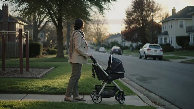 Walking woman in coat pushing covered stroller along sidewalk, approaching driveway