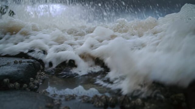 Pushing swell driving wave looming over basalt with tidepool and barnacles at stormy coast