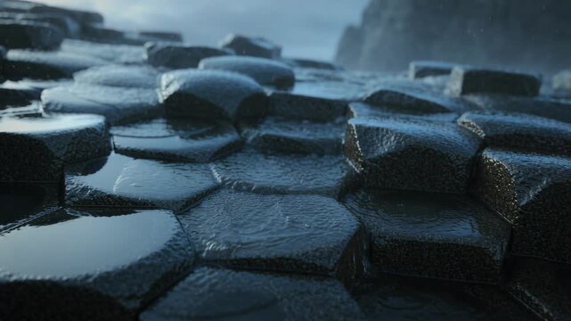 Tracing hexagon basalt columns on coast shedding sea as storm waves surging, sending foam