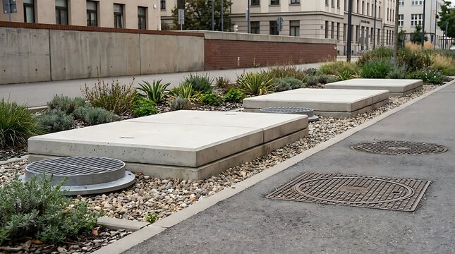 Modern urban landscaping featuring robust concrete elements and diverse low-maintenance plants along a city sidewalk, enhancing the street aesthetic and urban functionality
