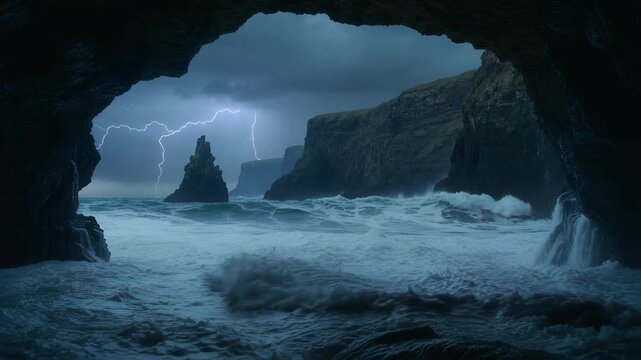 Surging storm surf flooding inside sea cave mouth from swell, lightning backlighting spray and mist