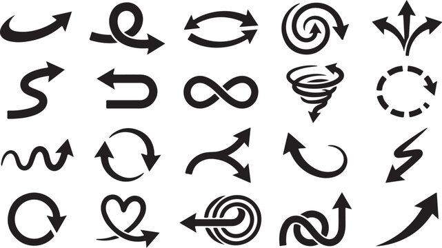 Set of twenty black silhouette featuring various types of arrows including curved, spiral, circular, and directional symbols