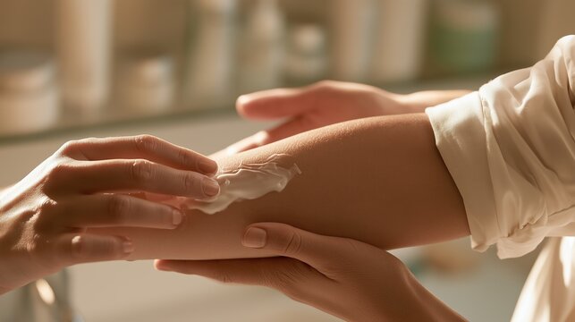 Scleroderma:patient hands applying moisturizing cream to dry skin of the forearm, bathroom shelf with skincare products blurred behind