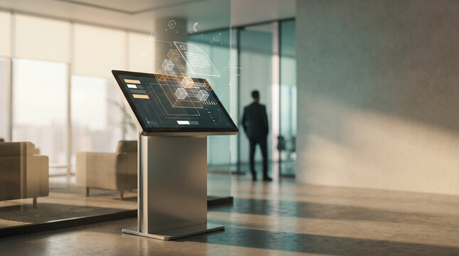 Smart contract validation kiosk displaying digital blockchain data in