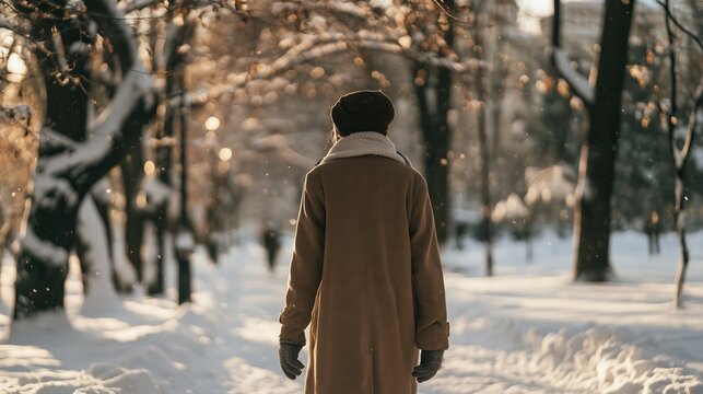 Scleroderma: Person walking in a snowy park wearing a thick coat and warm gloves, seen from behind, cold-protection lifestyle