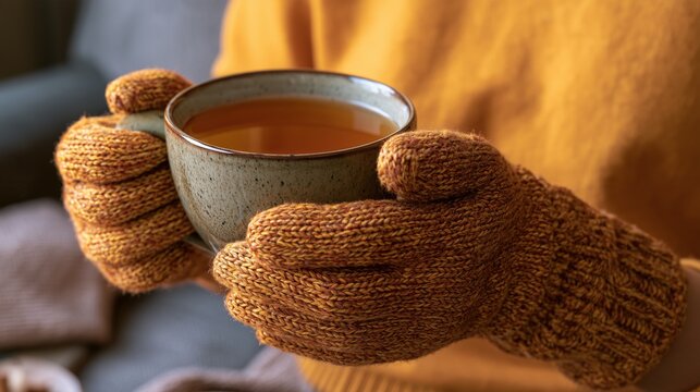 Scleroderma: woman wearing warm thermal gloves holding a cup of tea, cold-sensitivity Raynaud concept