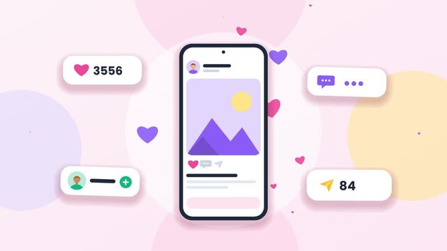 Mobile phone displaying social media feed with increasing likes and shares