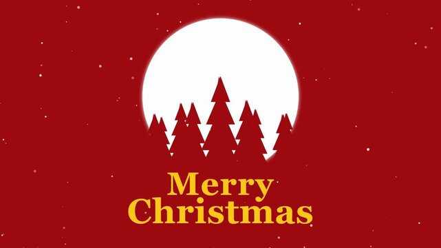 Merry Christmas greeting animation with pine trees silhouette and full moon on red background
