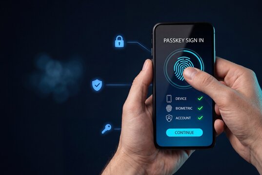 passwordless authentication and passkey security concept, smartphone biometric verification, secure sign in, digital identity, and account protection