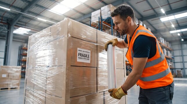 Male worker in orange safety vest manually wrapping cardboard boxes with plastic film in modern warehouse during daytime for logistics background