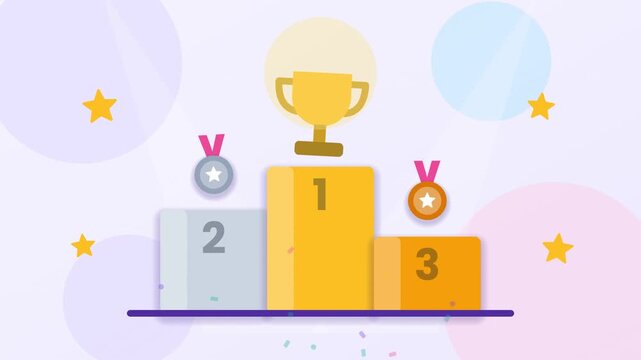 Podium with trophy, medals, confetti and stars for victory celebration