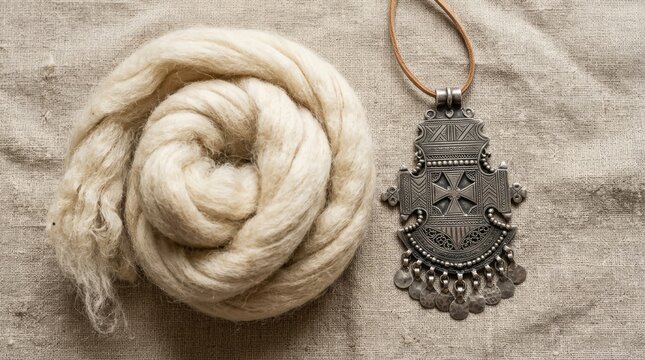 Decorative metal pendant displayed beside natural cream colored yarn ball on textured fabric
