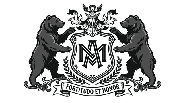 Heraldic coat of arms design featuring two bears and a shield with monogram.