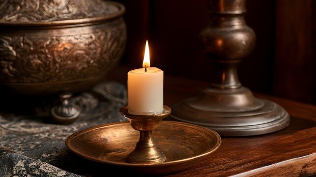 A lit white candle in a brass holder rests on a wooden surface beside ornate metal containers