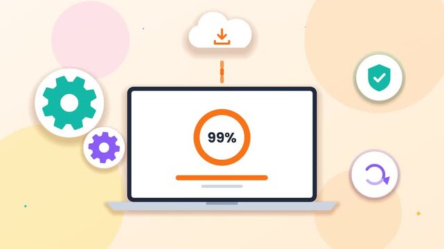 Laptop showing software update progress with icons of gears and cloud