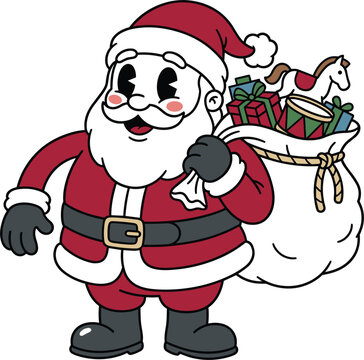 Vintage retro cartoon Santa Claus mascot vector character carrying a big sack full of Christmas gifts on white background