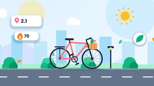 Flat vector bicycle ride with fitness tracker data overlay