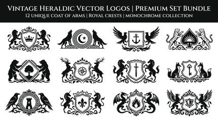Set of twelve vintage heraldic coat of arms and royal crests in monochrome style. © Story