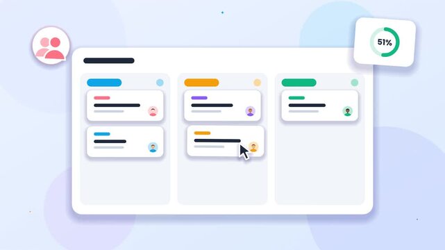 Animated Trello board with tasks and progress indicators, business concept