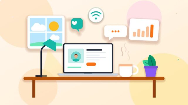 Animated desk setup with laptop and icons appearing, representing remote work