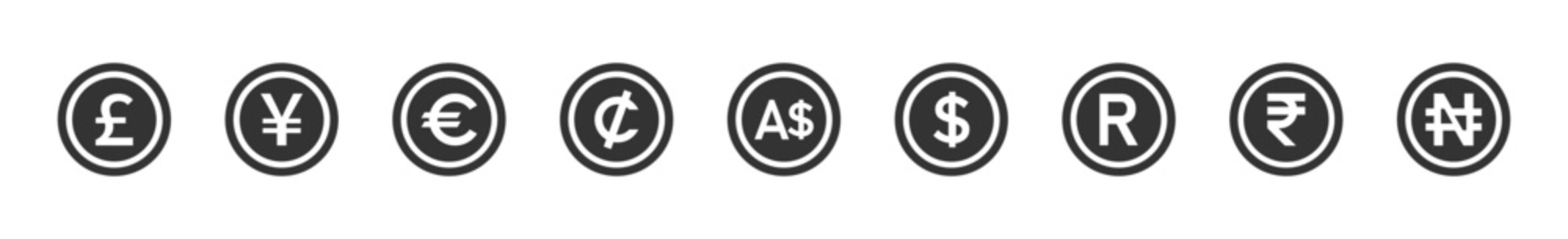 Euro, Dollars, Pound, Dollars, Yen, Euro and Rupee coin icon. coins of money icon signs. Australian dollar vector icons. South African Rand vector icon