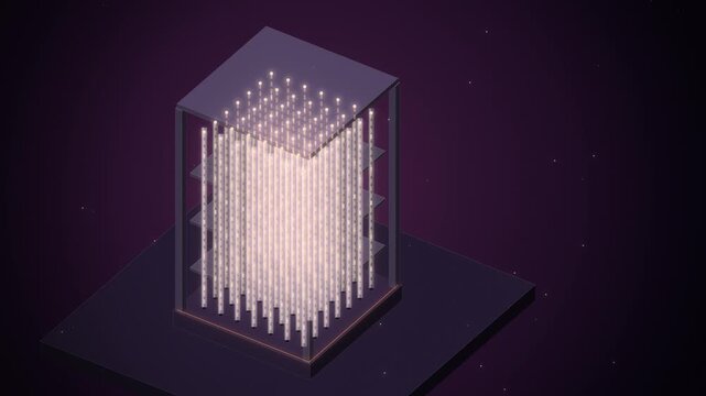 Isometric nuclear fuel rods lowering into assembly grid at dusk