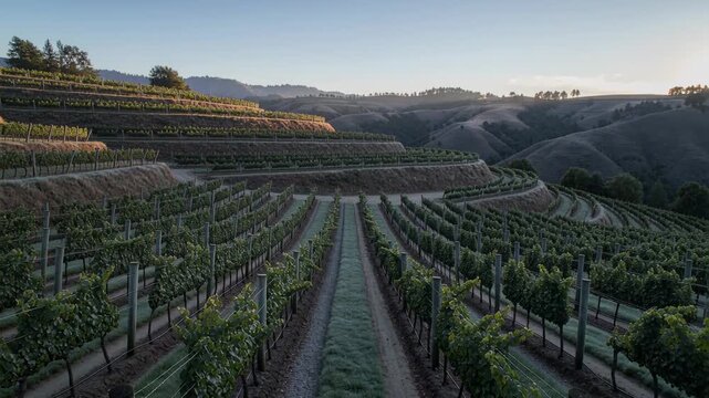 Rising low-angle sun warming vine rows and gravel path at terraced vineyard, lighting trellis posts
