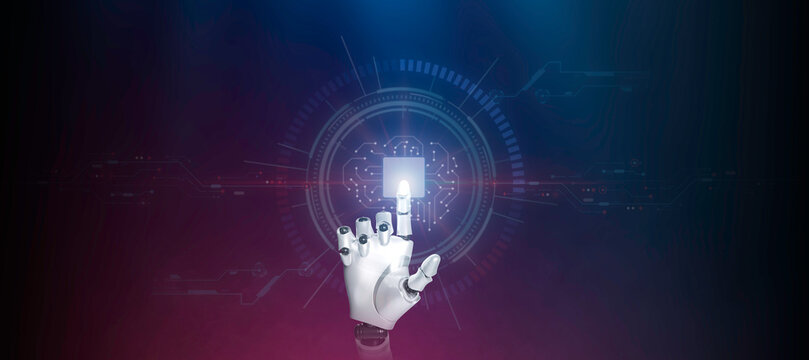 Robotic hand touching glowing brain microchip interface on dark scene technology background. Futuristic AI robot finger, cyber processor, high tech banner, abstract display, innovation humanoid