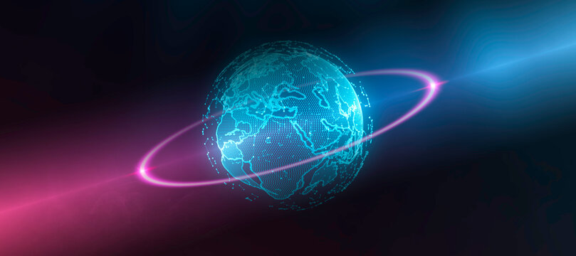 Glowing digital earth planet with futuristic ring on technology background. Global communication network, cyber data infrastructure, world connection banner, abstract display, and innovation.